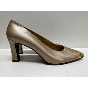 Stuart Weitzman women size 9.5 B shiny beige leather heel gold studded shoes
